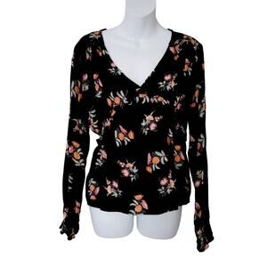 American Rag Cie Women's Black Floral Ruffled Babydoll Blouse Size L